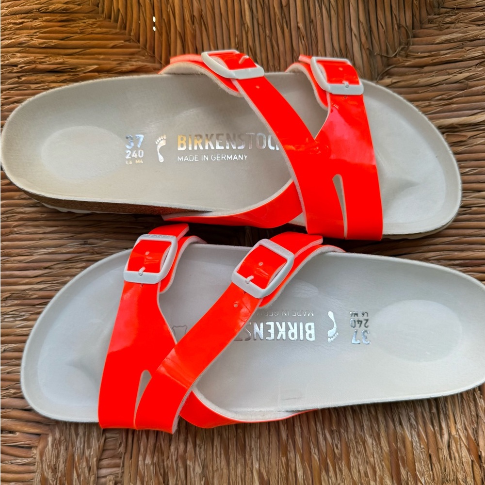 Birkenstock Yao Balance Shiny Neon Orange Double Strap Sandals - Picture 3 of 8